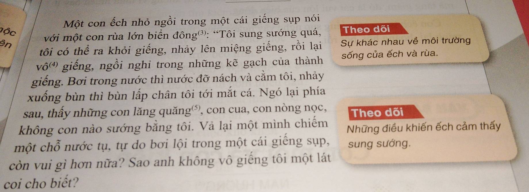 Một con ếch nhỏ ngồi trong một cái giếng sụp nói 
lộc 
với một con rùa lớn biển đông③³: “Tôi sung sướng quá, Theo dõi 
ên Sự khác nhau về môi trường 
tôi có thể ra khỏi giếng, nhảy lên miệng giếng, rồi lại 
vô' giếng, ngồi nghi trong những kẽ gạch của thành sống của ếch và rùa. 
giếng. Bơi trong nước thì nước đỡ nách và cằm tôi, nhảy 
xuống bùn thì bùn lấp chân tôi tới mắt cá. Ngó lại phía 
sau, thấy những con lăng quăng, con cua, con nòng nọc, Theo dõi 
không con nào sướng bằng tôi. Và lại một mình chiếm 
Những điều khiến ếch cảm thấy 
một chỗ nước tụ, tự do bơi lội trong một cái giếng sụp, sung sướng. 
còn vui gì hơn nữa? Sao anh không vô giếng tôi một lát 
coi cho biết?