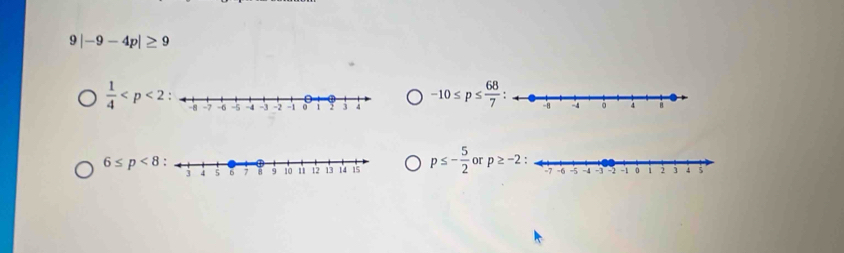 9|-9-4p|≥ 9
 1/4 
-10≤ p≤  68/7 
6≤ p<8</tex>
p≤ - 5/2  or p≥ -2