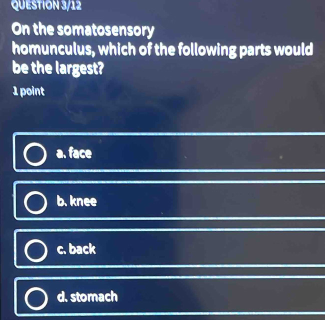 Solved: QUESTION 3/12 On the somatosensory homunculus, which of the ...