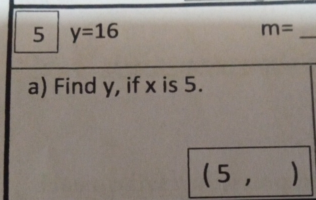 5 y=16
m= _ 
a) Find y, if x is 5. 
( 5 , )