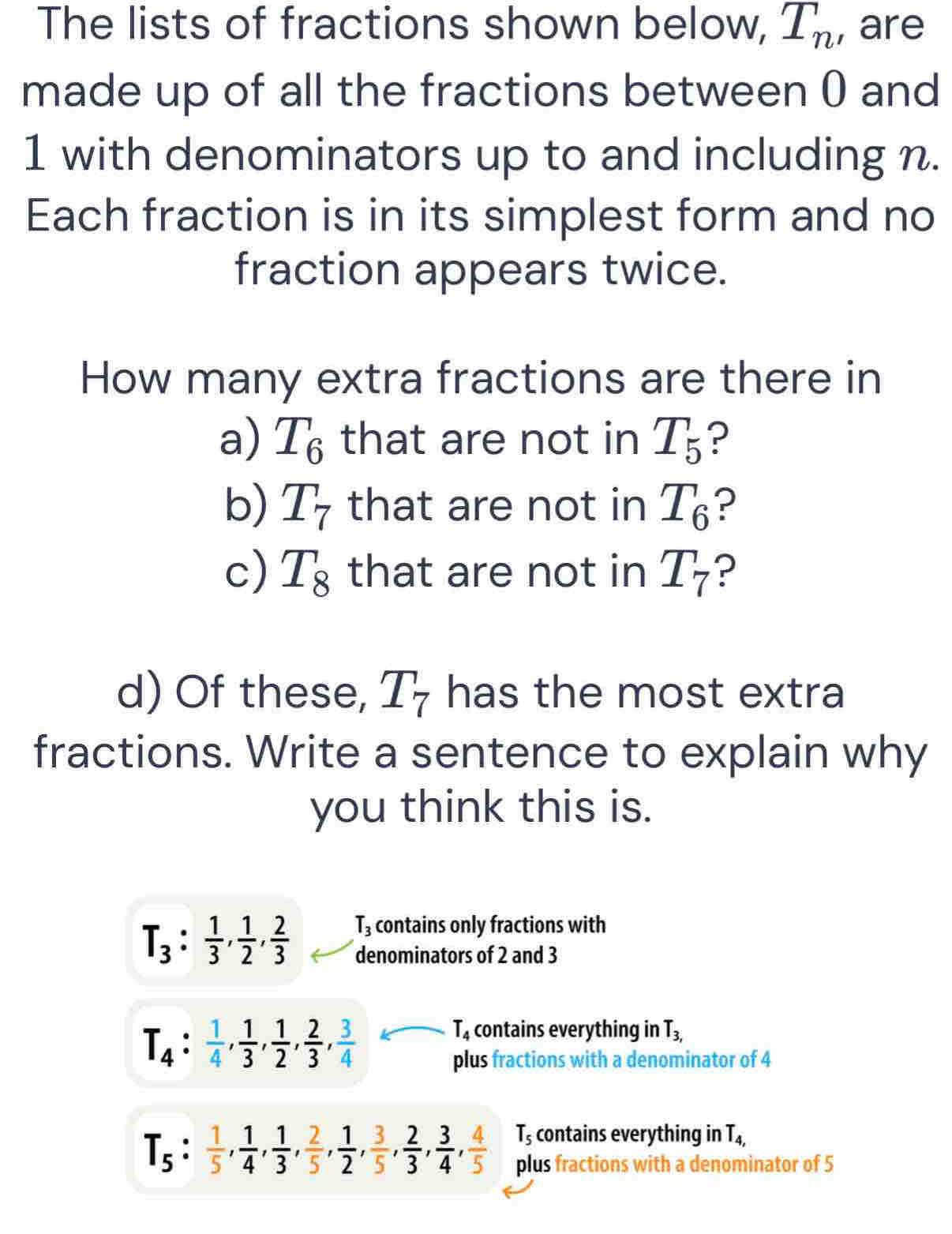 The lists of fractions shown below, T_n , are
made up of all the fractions between ( and
1 with denominators up to and including n.
Each fraction is in its simplest form and no
fraction appears twice.
How many extra fractions are there in
a) T_6 that are not in T_5 ?
b) T_7 that are not in T_6 ?
c) T_8 that are not in T_7 ?
d) Of these, T_7 has the most extra
fractions. Write a sentence to explain why
you think this is.
T_3 :  1/3 ,  1/2 ,  2/3  T_3 contains only fractions with
denominators of 2 and 3
T_4 :  1/4 ,  1/3 ,  1/2 ,  2/3 ,  3/4 
T_4 contains everything in T_3,
plus fractions with a denominator of 4
T_5 contains everything in T_4,
T_5 :  1/5 ,  1/4 ,  1/3 ,  2/5 ,  1/2 ,  3/5 ,  2/3 ,  3/4 ,  4/5  plus fractions with a denominator of 5