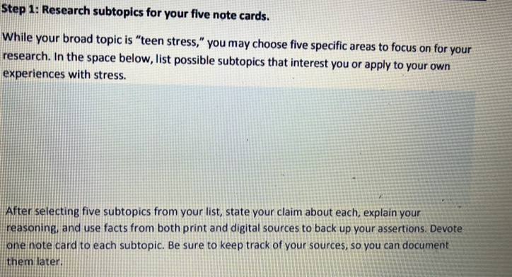 Research subtopics for your five note cards. While your broad topic is ...