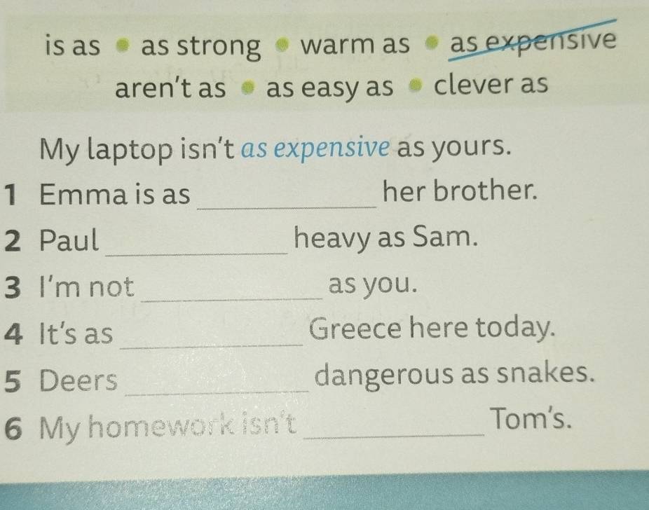 is as as strong warm as as expensive 
aren’t as as easy as clever as 
My laptop isn’t as expensive as yours. 
1 Emma is as _her brother. 
2 Paul_ heavy as Sam. 
3 I'm not_ as you. 
4 It's as_ Greece here today. 
5 Deers _dangerous as snakes. 
6 My homework isn't_ 
Tom's.