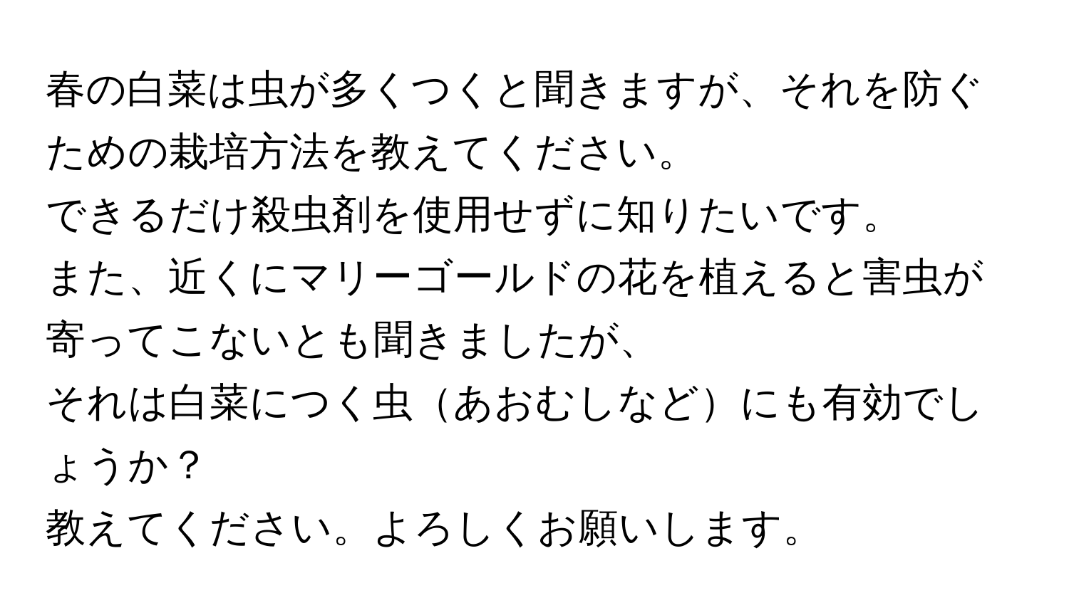 春の白菜は虫が多くつくと聞きますが、それを防ぐための栽培方法を教えてください。  
できるだけ殺虫剤を使用せずに知りたいです。  
また、近くにマリーゴールドの花を植えると害虫が寄ってこないとも聞きましたが、  
それは白菜につく虫あおむしなどにも有効でしょうか？  
教えてください。よろしくお願いします。