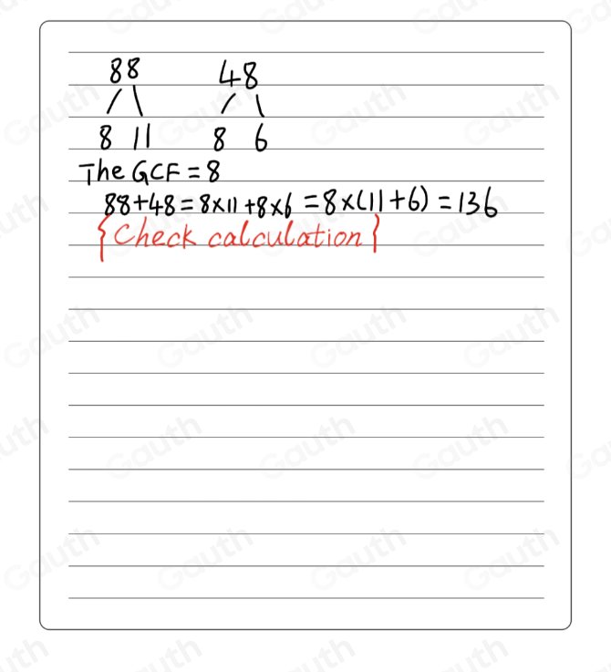 Solved: Which expression shows a way to factor 88+48 [Math]