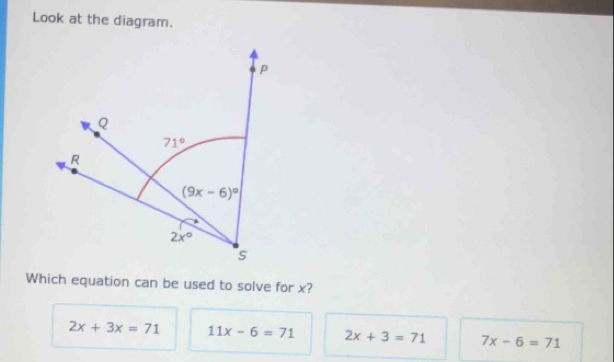 Look at the diagram.
Which equation can be used to solve for x?
2x+3x=71 11x-6=71 2x+3=71 7x-6=71