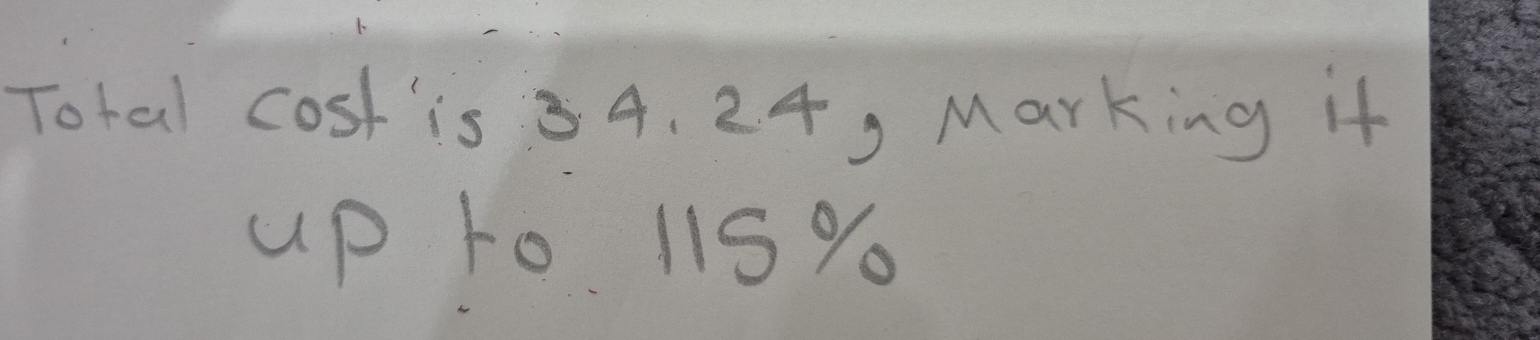 Total cost is 4. 24, Marking it 
up to. 115%