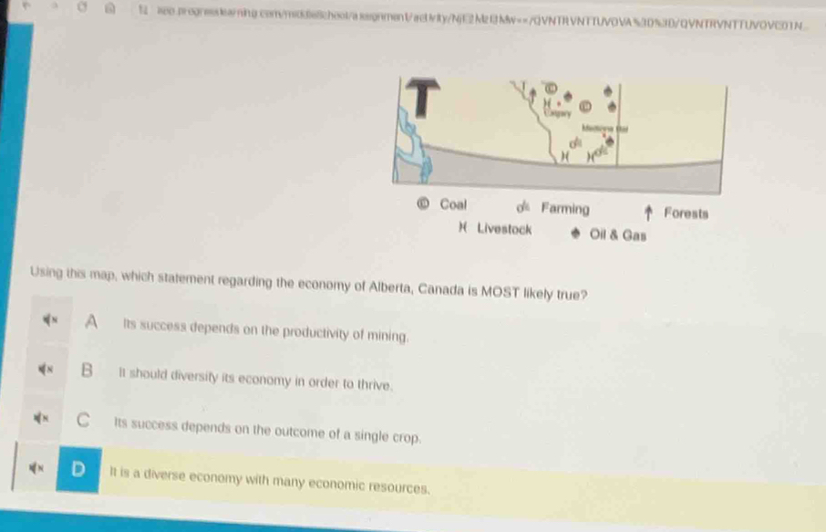 a 1 aso.orognesslea/ning.com/mdde8chool/alegnren1acUivity/NjE2Mz13Mw==/QVNTRVNTTUVOVA%30%3D/QVNTRVNTTUVOVC01N
Using this map, which statement regarding the economy of Alberta, Canada is MOST likely true?
A Its success depends on the productivity of mining.
B It should diversity its economy in order to thrive.
C Its success depends on the outcome of a single crop.
D It is a diverse economy with many economic resources.