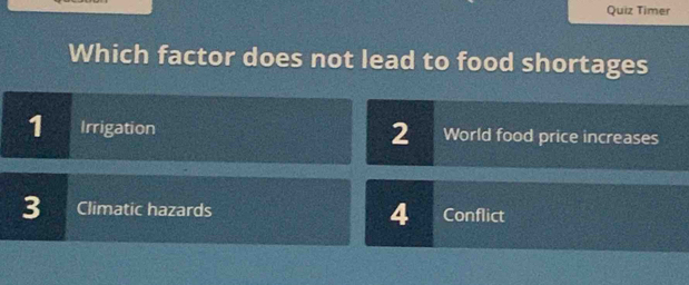 Quiz Timer
Which factor does not lead to food shortages
1 Irrigation 2 World food price increases
3 Climatic hazards 4 Conflict