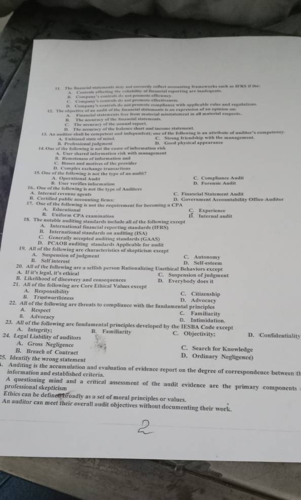 The financial statements my ant correctly exflect accounting frameworks such as IFRS if the
A Control affecting the eviability of fnancial reporting are inadequate.
E. Compans''s controls de est ponmoté «ficiènes
C. Compans's controis de ant promale «fectiveness
2 Company's controls do not promute compliance with applicable rules and regulations
12. The objective of an andil of the finanesal statements is an expression of an opinion on
A. Financial statements free from material misstatement in all material respects
B. The accuracs of the financol statements
C. The accuracy of the anuual report.
13. An auditor shall be competent and independent; one of the following is an attribute of auditur's competency.
I. Professional judgment A. Uwhiased state of mind C. Strong friendship with the management.
14. One of the following is not the cause of information risk D. Good physical appearance
A. User shared information risk with management
B. Remoteness of information and
C. Biases and motives of the provider
D. Complex exchange transactions
15. One of the following is not the type of an audit? C. Compliance Audit
A. Operational Audit B. User verifies information
16.. One of the following is not the type of Auditors C. Financial Statement Audit
A. Internal revenue agents
B. Certified public accounting firms: D. Government Accountability Office Auditor
17. One of the following is not the requirement for becoming a CPA
A. Educational C. Experience
B. Uniform CPA examination 15. Internal audit
18. The notable auditing standards include all of the following except
A. International finaucial reporting standards (IFRS)
B. International standards on auditing (ISA)
C. Generally accepted auditing standards (GAAS)
D. PCAOB auditing standards Applicable for audit
F9. All of the following are characteristics of skepticism except C. Autonomy
A. Suspension of judgment
B. Self interest D. Self-esteem
20. All of the following are a selfish person Rationalizing Unethical Behaviors except
A. If it's legal, it's ethical C. Suspension of judgment
B. Likelihood of discovery and cousequences D. Everybody does it
21. All of the following are Core Ethical Values except C. Citizenship
A. Responsibility
B. Trustworthiness D. Advocacy
22. All of the following are threats to compliance with the fundamental principles
A. Respect C. Familiarity
B. Advocacy D. Intimidation.
23. All of the following are fundamental principles developed by the IESBA Code except
A. Integrity; B. Familiarity C. Objectivity; D. Confidentiality
24. Legal Liability of auditors
A. Gross Negligence C. Search for Knowledge
B. Breach of Contract D. Ordinary Negligence)
25. Identify the wrong statement
. Auditing is the accumulation and evaluation of evidence report on the degree of correspondence between th
information and established criteria.
A questioning mind and a critical assessment of the audit evidence are the primary components
professional skepticism
Ethics can be defined broadly as a set of moral principles or values
An auditor can meet their overall audit objectives without documenting their work.