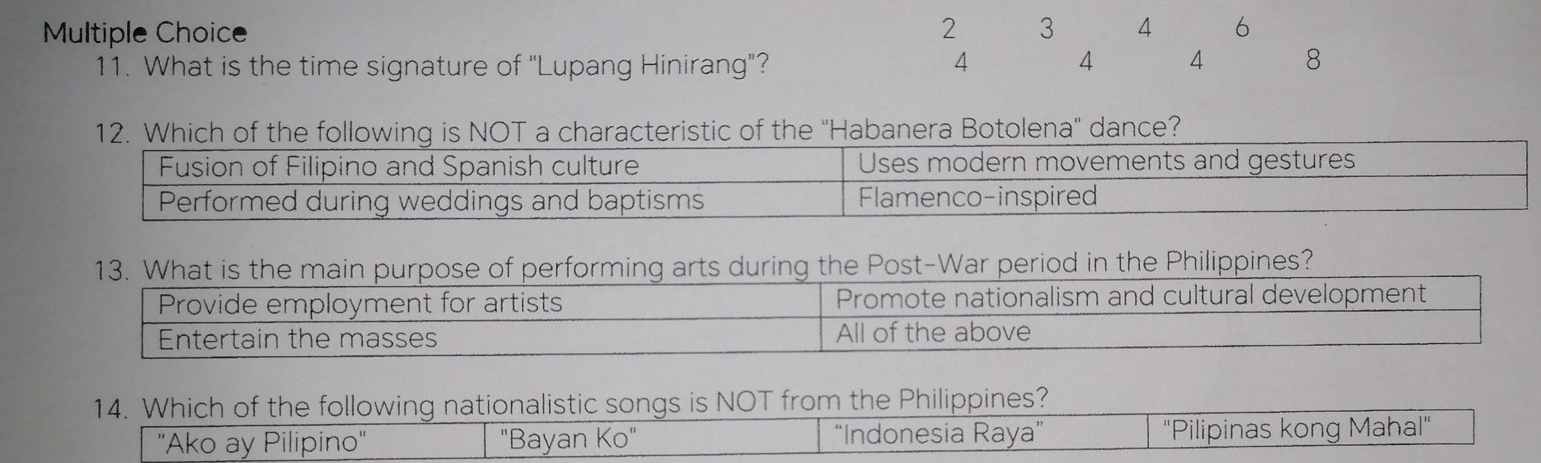 2 3 4 6
11. What is the time signature of 'Lupang Hinirang"? 4
4
4
8
12. Which of the following is NOT a characteristic of the "Habanera Botolena' dance?
arts during the Post-War period in the Philippines?
14. Which of the following nationalistic songs is NOT from the Philippines?
"Ako ay Pilipino" "Bayan Ko" “Indonesia Raya” ''Pilipinas kong Mahal''