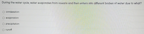 During the water cycle, water evaporates from oceans and then enters into different bodies of water due to what?
condesction
evoporation
precipitation
runod