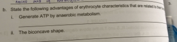 State the following advantages of erythrocyte characteristics that are reated to ther un 
_ 
i. Generate ATP by anaerobic metabolism. 
_ 
ii. The biconcave shape.