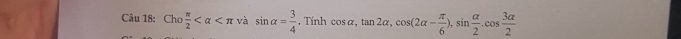 ( h  π /2  và sin alpha = 3/4  , Tính cos alpha , tan 2alpha , cos (2alpha - π /6 ), sin  alpha /2 . cos  3alpha /2 