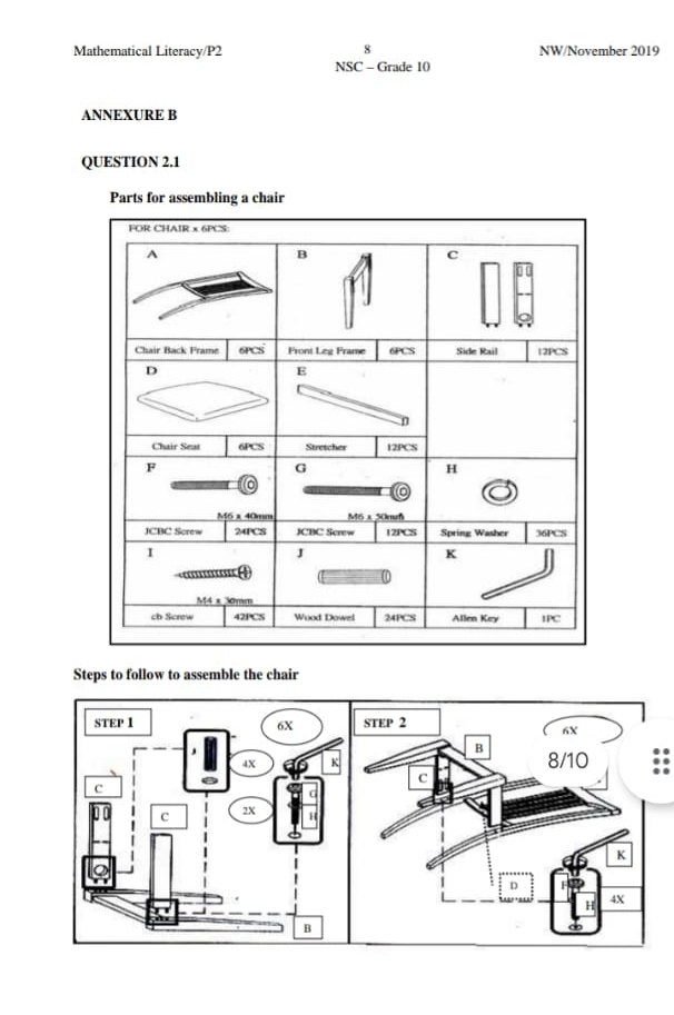 Mathematical Literacy/P2 8 NW/November 2019
NSC - Grade 10
ANNEXURE B
QUESTION 2.1
Parts for assembling a chair
Steps to follow to assemble the chair