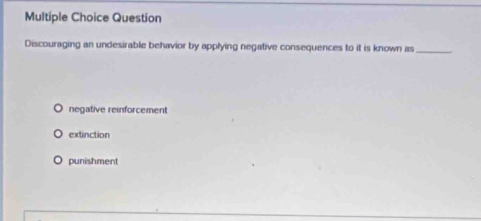 Question
Discouraging an undesirable behavior by applying negative consequences to it is known as_
negative reinforcement
extinction
punishment