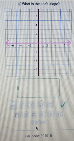 What is the line's slope?
 y/x 
skill code: 301015