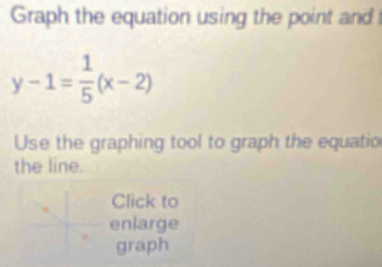 Graph the equation using the point and
y-1= 1/5 (x-2)
Use the graphing tool to graph the equatio 
the line. 
Click to 
enlarge 
graph