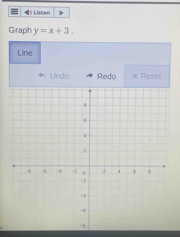 Listen 
Graph y=x+3. 
Line 
Undo Redo X Reset