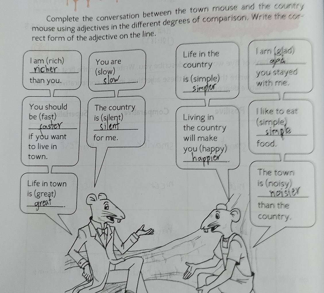 Complete the conversation between the town mouse and the country 
mouse using adjectives in the different degrees of comparison. Write the cor 
rect form of the adjective on the line. 
Life in the I am (glad) 
l am (rich) You are 
country 
_ 
_(slow) 
than you. _. 
is (simple) you stayed 
_ 
with me. 
You should The country I like to eat 
be (fast) is (silent) Living in 
_ 
_ 
the country (simple) 
if you want for me. will make 
_ 
to live in food. 
you (happy) 
_ 
town. 
The town 
Life in town is (noisy) 
is (greạt) 
_ 
_ 
. 
than the 
country.