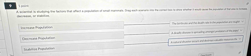 9 1 point
A scientist is studying the factors that affect a population of small mammals. Drag each scenario into the correct box to show whether it would cause the population of that area to increase,
decrease, or stabilize.
Increase Population The birthrate and the death rate in the population are roughé
Decrease Population A deadly disease is spreading amongst predators of the popul
Stabilize Population A natural disaster occurs and destroys valuable resources the
Downloads