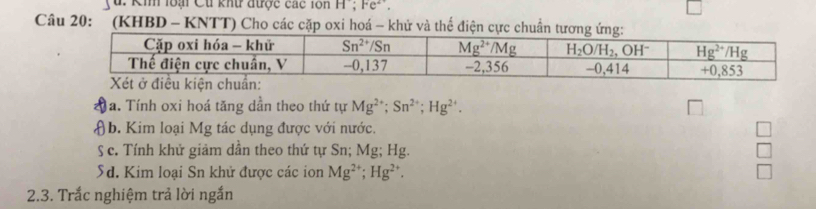 Kin loại Cu khư được các 10n H;Fe^(2+),
Câu 20: :(KHBD - KNTT) Cho các cặp oxi hoá - khử và thể điện cực chuẩn tươ
Đa. Tính oxi hoá tăng dần theo thứ tự Mg^(2+);Sn^(2+);Hg^(2+).
(b. Kim loại Mg tác dụng được với nước.
§ c. Tính khử giảm dần theo thứ tự Sn; Mg; Hg.
Sd. Kim loại Sn khử được các ion Mg^(2+);Hg^(2+).
2.3. Trắc nghiệm trả lời ngắn