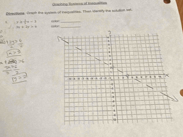 Graphing Systems of Inequalities
Directions: Graph the system of inequalities. Then identify the solution set.
y≥  2/3 x-3 color:_
3x+2y>6 color:_