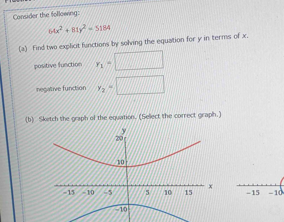 Consider the following:
64x^2+81y^2=5184
(a) Find two explicit functions by solving the equation for y in terms of x. 
positive function y_1=
negative function y_2=
(b) Sketch the graph of the equation. (Select the correct graph.)
- 15 −10