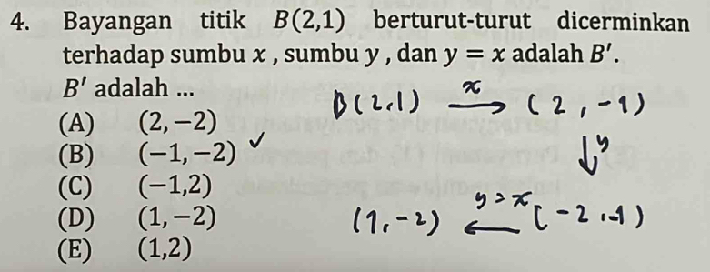 Bayangan titik B(2,1) berturut-turut dicerminkan
terhadap sumbu x , sumbu y , dan y=x adalah B'.
B' adalah ...
(A) (2,-2)
(B) (-1,-2)
(C) (-1,2)
(D) (1,-2)
(E) (1,2)