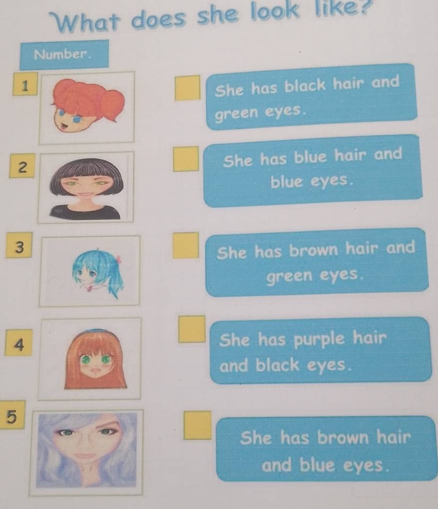 What does she look like?
Number.
1
She has black hair and
green eyes.
2
She has blue hair and
blue eyes.
3
She has brown hair and
green eyes.
4 She has purple hair
and black eyes.
5
She has brown hair
and blue eyes.