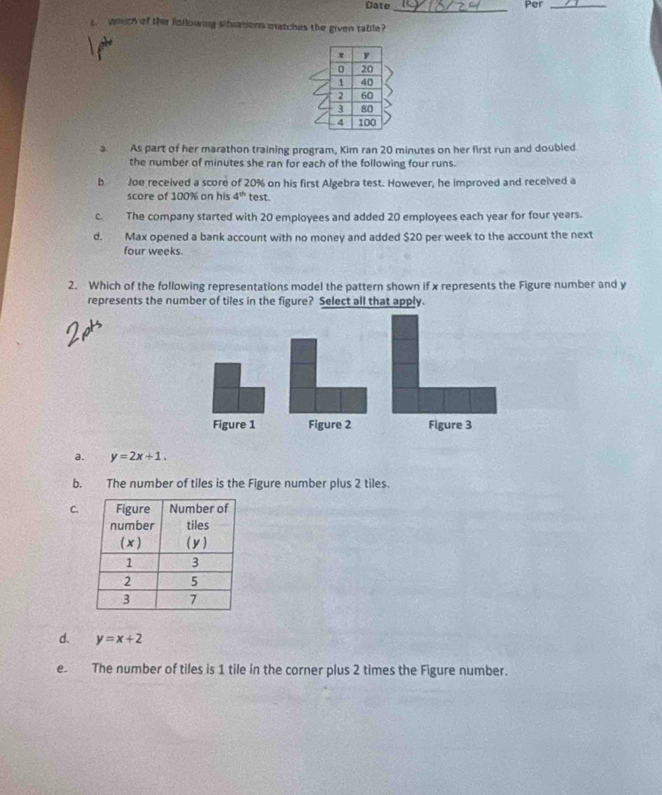 Date Per_
_
which of the following siteatiors matches the given table?
a As part of her marathon training program, Kim ran 20 minutes on her first run and doubled
the number of minutes she ran for each of the following four runs.
b Joe received a score of 20% on his first Algebra test. However, he improved and received a
score of 100% on his 4^(th) test.
c. The company started with 20 employees and added 20 employees each year for four years.
d. Max opened a bank account with no money and added $20 per week to the account the next
four weeks.
2. Which of the following representations model the pattern shown if x represents the Figure number and y
represents the num
a. y=2x+1.
b. The number of tiles is the Figure number plus 2 tiles.
C.
d. y=x+2
e The number of tiles is 1 tile in the corner plus 2 times the Figure number.