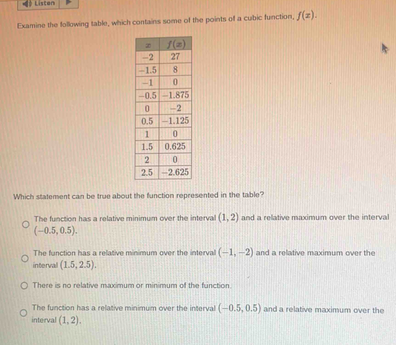 Listen
Examine the following table, which contains some of the points of a cubic function, f(x).
Which statement can be true about the function represented in the table?
The function has a relative minimum over the interval (1,2) and a relative maximum over the interval
(-0.5,0.5).
The function has a relative minimum over the interval (-1,-2) and a relative maximum over the
interval (1.5,2.5).
There is no relative maximum or minimum of the function.
The function has a relative minimum over the interval (-0.5,0.5) and a relative maximum over the
interval (1,2).