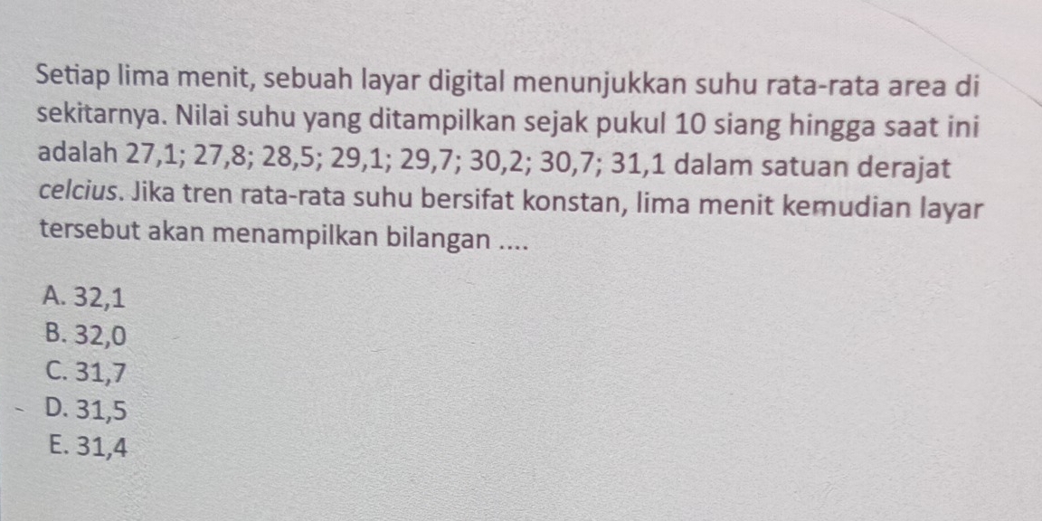 Setiap lima menit, sebuah layar digital menunjukkan suhu rata-rata area di
sekitarnya. Nilai suhu yang ditampilkan sejak pukul 10 siang hingga saat ini
adalah 27, 1; 27, 8; 28, 5; 29, 1; 29, 7; 30, 2; 30, 7; 31, 1 dalam satuan derajat
celcius. Jika tren rata-rata suhu bersifat konstan, lima menit kemudian layar
tersebut akan menampilkan bilangan ....
A. 32, 1
B. 32, 0
C. 31, 7
D. 31, 5
E. 31, 4