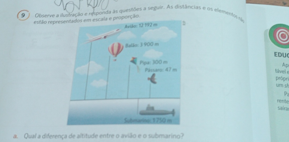 Observe a ilustração e responda às questões a seguir. As distâncias e os elementos não 
estão repreoporção. 
EDU( 
Ap 
tável e 
própri 
um sh 
P 
rente 
saíral 
a. Qual a diferença de altitude entre o avião e o submarino?