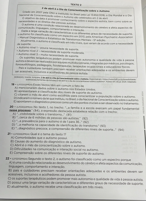 TEXTO 2
2 de abril é o Dia da Conscientização sobre o Autismo
Criado em 2007 pela ONU e instituído no Brasil pela Lei 13.652/2018, o Dia Mundial e o Dia
Nacional de Conscientização sobre o Autismo são celebrados em 2 de abril.
O objetivo da data é promover conhecimento sobre o espectro autista, bem como sobre as
necessidades e os direitos das pessoas autistas.
O autismo é uma condição relacionada ao desenvolvimento do cérebro e afeta aspectos da
comunicação, linguagem, comportamento e interação,
Dada a larga variação de características e os diferentes graus de necessidade de suporte,
o autismo foi classificado como um espectro em 2013, pela American Psychiatric Association
- Manual Diagnóstico e Estatístico de Transtoros Mentais -5° edição.
Atualmente, o autismo é classificado em três níveis, que variam de acordo com a necessidade
de suporte
Autismo nível 1 - pouca necessidade de suporte.
Autismo nível 2 - necessidade de suporte moderada.
Autismo nível 3 - muita necessidade de suporte.
Os suportes terapêuticos podem promover mais autonomia e qualidade de vida à pessoa
autista e devem ser realizados por equipes multidisciplinares, integradas por médicos, psicólogos.
fonoaudiólogos, pedagogos, fisioterapeutas, terapeutas ocupacionais e educadores físicos.
Pais e cuidadores também precisam receber orientações adequadas e os ambientes devem
ser acessíveis, inclusivos e acolhedores da pessoa autista.
MORAGAS, Vicente Junqueira, 2 de abril é o Dia da Conscientização sobre o Autismo. Disponível em:
publicacoes/semontes-da-inclusso/2-de-abril-e-o-dia-da-conscientização-sobre-o-autamo>. Acesso em: 05 jul. 2024. Adaptado.
19 - (LP33202PR24) Esses textos têm em comum o fato de
A) mencionarem dados sobre o autismo nos Estados Unidos.
B) apresentarem a classificação dos níveis de suporte do autismo.
C) citarem o mês de abril como escolhido para conscientizar a população sobre o autismo.
D) indicarem o número da lei que instituiu, no Brasil, o dia Nacional de Conscientização sobre o autismo.
E) apontarem o diagnóstico precoce como um dos pontos cruciais a ser observado no tratamento.
20 = (LP33022PR24) No texto 1, no trecho: ''...a família e a escola exercem um papel fundamental
nesse processo.'' (§4), a expressão destacada estabelece relação com o trecho: 。
A) “...visibilidade sobre o transtorno...” (§1)
B) '...cerca de 6 milhões de pessoas são autistas.' (§2)
C) "...a prevalência para o autismo é de 1 para 36...'' (§2)
D) ''...a melhoria na capacidade de identificação do transtorno.'' (§3)
E) ''...diagnóstico precoce, a compreensão de diferentes níveis de suporte...'' (§4)
21 - (LP33062pR24) Qual é o tema do texto 1?
A) Comorbidades que o autismo possui.
B) Causas do aumento do diagnóstico de autismo.
C) Abril é o mês da conscientização sobre o autismo.
D) Dificuldades na comunicação e interação social no autismo.
E) Compreensão sobre os diferentes níveis de suporte do autismo.
22 - (LP33112PR24) Segundo o texto 2, o autismo foi classificado como um espectro porque
A) é uma condição relacionada ao desenvolvimento do cérebro e afeta aspectos da comunicação,
linguagem, comportamento e interação.
B) pais e cuidadores precisam receber orientações adequadas e os ambientes devem ser
acessíveis, inclusivos e acolhedores da pessoa autista.
C) os suportes terapêuticos podem promover mais autonomia e qualidade de vida à pessoa autista.
D) possui uma larga variação de características e diferentes graus de necessidade de suporte.
E) atualmente, o autismo recebe uma classificação em três níveis.