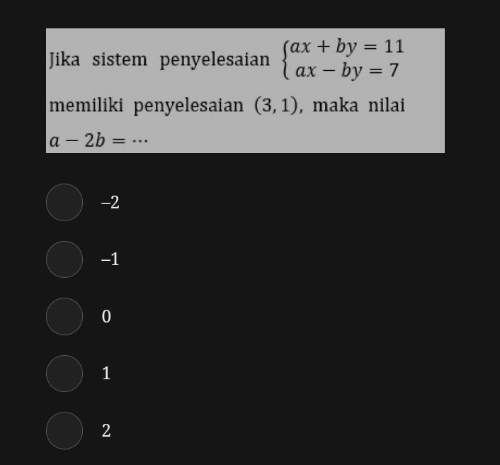 Jika sistem penyelesaian beginarrayl ax+by=11 ax-by=7endarray.
memiliki penyelesaian (3,1) , maka nilai
_ a-2b=
-2
-1
0
1
2