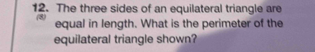 The three sides of an equilateral triangle are 
equal in length. What is the perimeter of the 
equilateral triangle shown?