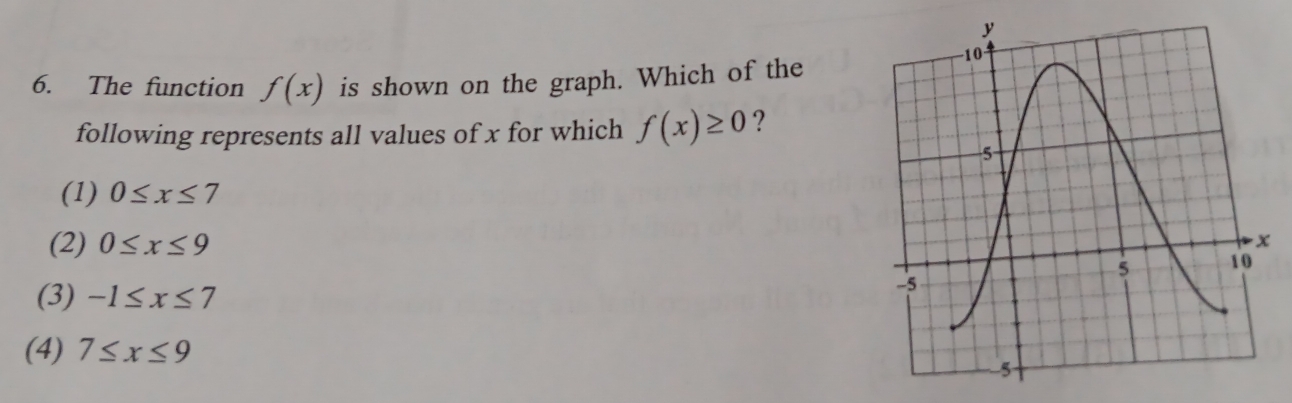 The function f(x) is shown on the graph. Which of the
following represents all values of x for which f(x)≥ 0 ?
(1) 0≤ x≤ 7
(2) 0≤ x≤ 9
(3) -1≤ x≤ 7
(4) 7≤ x≤ 9