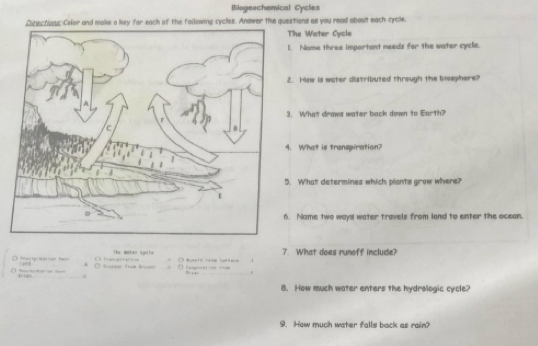 Bilogeochemical Cycles 
Lanections Color and make a ly far each of the following cycles. Andwer the questions as you read about each cycle, 
he Water Cycle 
. Name three important needs for the water cycle. 
. How is woter distributed through the blosphere? 
. What drows water back down to Earth? 
What is transpiration? 
What determines which plants grow where? 
Name two ways water travels from land to enter the ocean. 
7. What does runoff include? 
The Mrkos go Te O sact re lnt . 1 
” O tragae from troes =agoral = +== 
” _ 
_. 
8. How much water enters the hydrologic cycle? 
9. How much water falls back as rain?