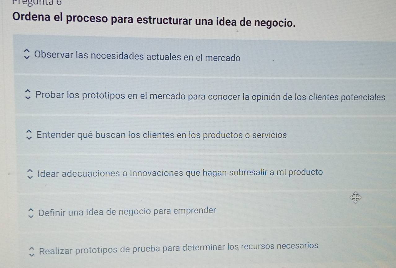 Resuelto:Pregunta 6 Ordena el proceso para estructurar una idea de ...