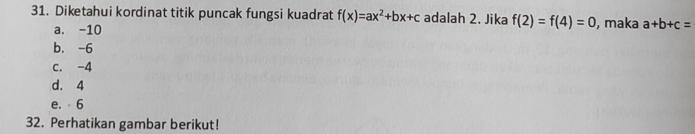 Diketahui kordinat titik puncak fungsi kuadrat f(x)=ax^2+bx+c adalah 2. Jika f(2)=f(4)=0 , maka a+b+c=
a. -10
b. -6
c. -4
d. 4
e. 6
32. Perhatikan gambar berikut!