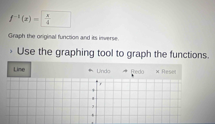 f^(-1)(x)= x/4 
Graph the original function and its inverse. 
Use the graphing tool to graph the functions. 
Line Undo Redo × Reset
y
9
8
7
6
c