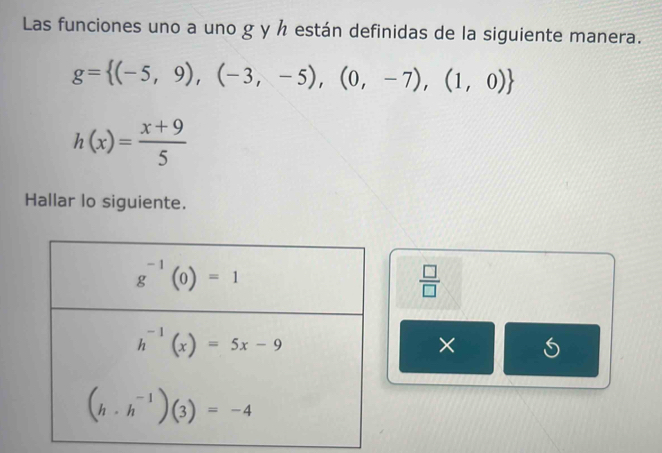 Las funciones uno a uno g y h están definidas de la siguiente manera.
g= (-5,9),(-3,-5),(0,-7),(1,0)
h(x)= (x+9)/5 
Hallar lo siguiente.
 □ /□  
×