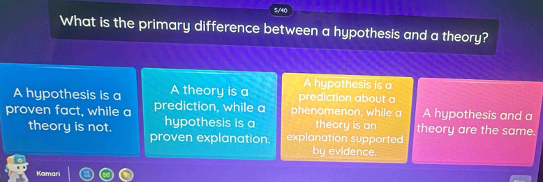 5/40
What is the primary difference between a hypothesis and a theory?
A hypothesis is a
A hypothesis is a A theory is a prediction about a
proven fact, while a prediction, while a phenomenon, while a A hypothesis and a
theory is not. hypothesis is a theory is an theory are the same.
proven explanation. explanation supported
by evidence.
Kamari