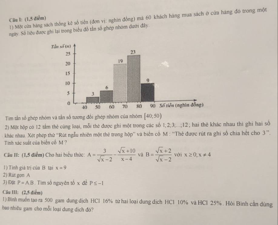 Một cửa hàng sách thống kê số tiền (đơn vị: nghin đồng) mà 60 khách hàng mua sách ở cửa hàng đó trong một 
Câu I: (1,5 điểm) 
ngày. Số liệu được ghi lại trong biểu đồ tần số ghép nhóm dưới đây. 
Tim tần số ghép nhóm và tần số tương đổi ghép nhóm của nhóm [40;50)
2) Một hộp có 12 tầm thẻ cùng loại, mỗi thẻ được ghi một trong các số 1 2; 3;...; 12 2; hai thẻ khác nhau thì ghi hai số 
khác nhau. Xét phép thử “Rút ngẫu nhiên một thẻ trong hộp” và biến cố M : “Thẻ được rút ra ghi số chia hết cho 3 ”. 
Tính xác suất của biến cố M ? 
Câu II: (1,5 điểm) Cho hai biểu thức: A= 3/sqrt(x)-2 - (sqrt(x)+10)/x-4  và B= (sqrt(x)+2)/sqrt(x)-2  với x≥ 0; x!= 4
1) Tính giá trị của B tại x=9
2) Rút gọn A
3) Đặt P=A.B. Tìm số nguyên tổ x đề P≤ -1
Câu III: (2,5 điểm) 
1) Bình muốn tạo ra 500 gam dung dịch HCl 16% từ hai loại dung dịch HCl 10% và HCl 25%. Hỏi Bình cần dùng 
bao nhiêu gam cho mỗi loại dung dịch đó?