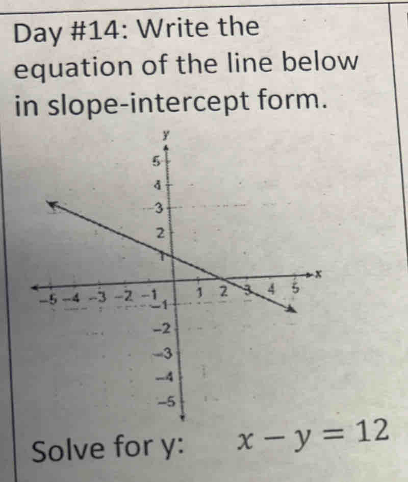 Day #14: Write the 
equation of the line below 
in slope-intercept form. 
Solve for y : x-y=12