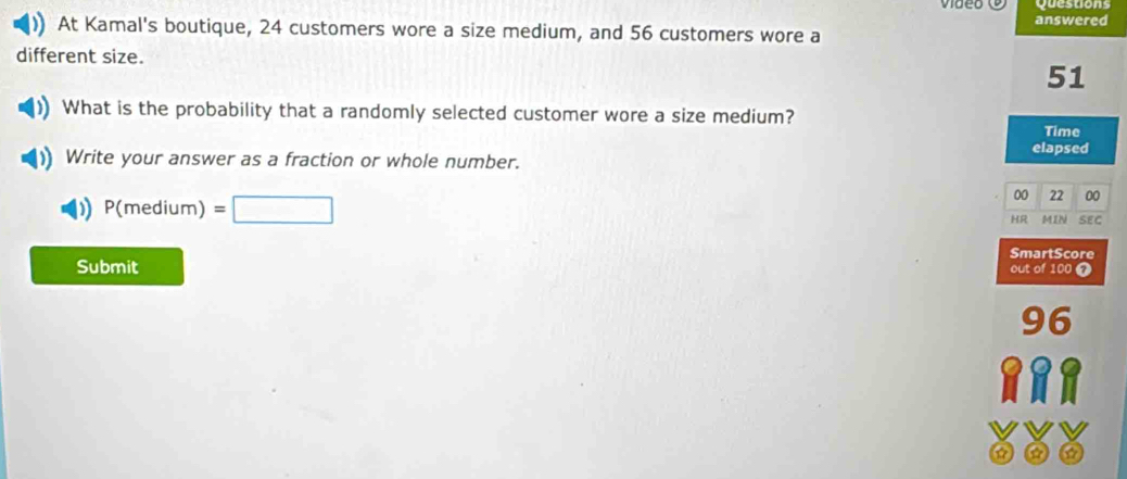 answered 
At Kamal's boutique, 24 customers wore a size medium, and 56 customers wore a 
different size.
51
What is the probability that a randomly selected customer wore a size medium? 
Time 
elapsed 
Write your answer as a fraction or whole number. 
00 22 00
P(medium) =□ HR MIN SEC
SmartScore 
Submit 
out of 100 7. 6