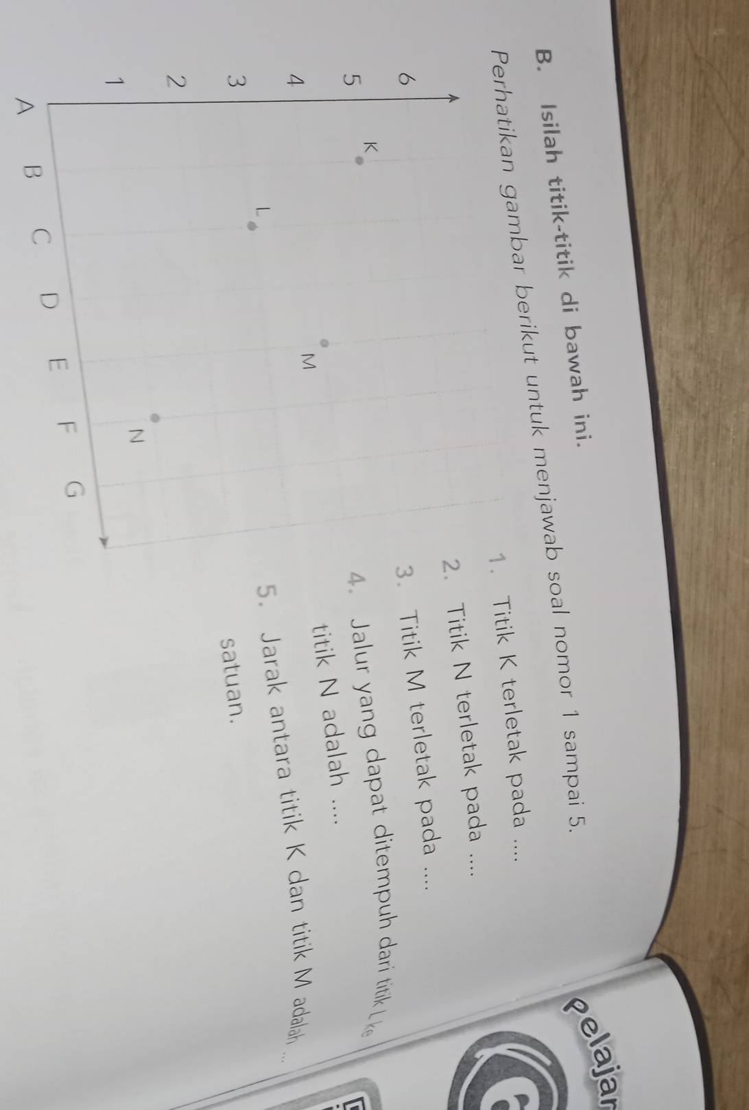 Isilah titik-titik di bawah ini. 
pelajar 
Perhatikan gambar berikut untuk menjawab soal nomor 1 sampai 5._ 
1. Titik K terletak pada .... 
. Titik N terletak pada .... 
. Titik M terletak pada .... 
4. Jalur yang dapat ditempuh dari titik L ke 
titik N adalah .... 
5. Jarak antara titik K dan titik M adalah ... 
satuan. 
A