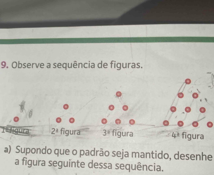 Observe a sequência de figuras.
a) Supondo que o padrão seja mantido, desenhe
a figura seguinte dessa sequência.