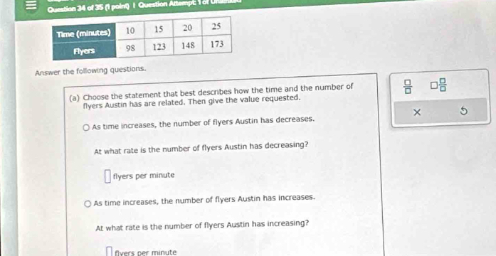 Question Attempt; 1 of Uni
Answer the following questions.
(a) Choose the statement that best describes how the time and the number of  □ /□   □  □ /□  
flyers Austin has are related. Then give the value requested.
×
As time increases, the number of flyers Austin has decreases.
At what rate is the number of flyers Austin has decreasing?
flyers per minute
As time increases, the number of flyers Austin has increases.
At what rate is the number of flyers Austin has increasing?
fvers per minute